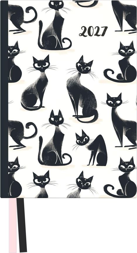 2027. Schwarz-weiße Illustration von verspielten Katzen in verschiedenen Posen mit pinkem und schwarzem Band auf der linken Seite.