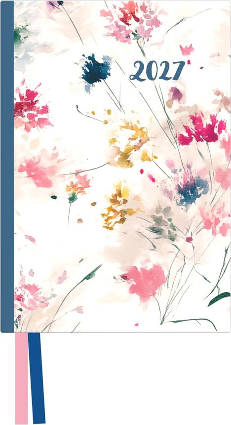 Text "2027" oben mittig, florale Aquarell-Illustration mit bunten Blüten und blauem Rand.