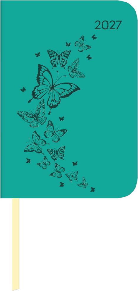 "2027" oben rechts, grüne Oberfläche, schwarze Schmetterlingsillustrationen in verschiedenen Größen.