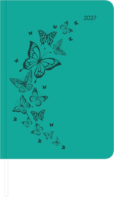 Text: "2027". Illustrationen: Viele schwarze Schmetterlinge fliegen auf einem türkisen Hintergrund.