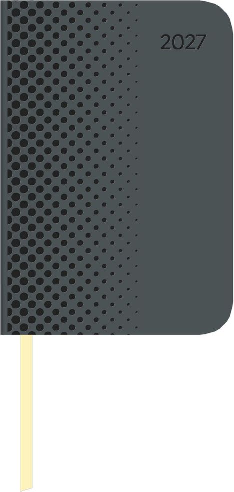 2027 steht oben rechts auf einem dunkelgrauen Kalender mit Punktmuster und einem beige Lesezeichen.