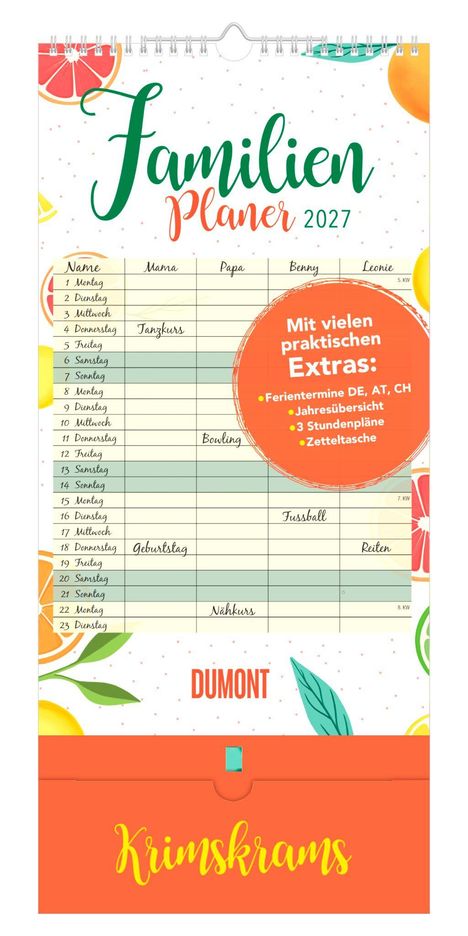 „Familien Planer 2027“ mit Spalten für Familienmitglieder, Notizen und Extras. Illustration mit Früchten.
