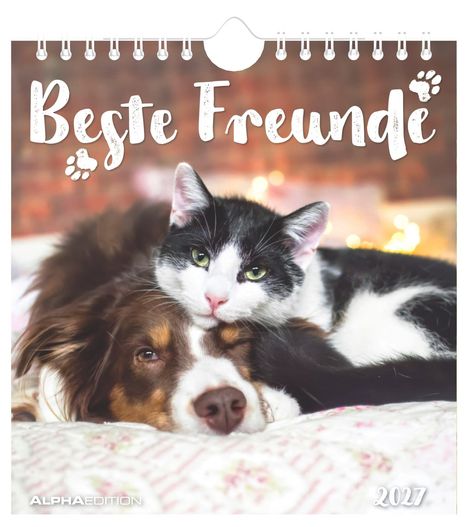 Oben steht „Beste Freunde“, unten „2024“. Eine Katze liegt liebevoll auf einem Hund auf einer Decke.