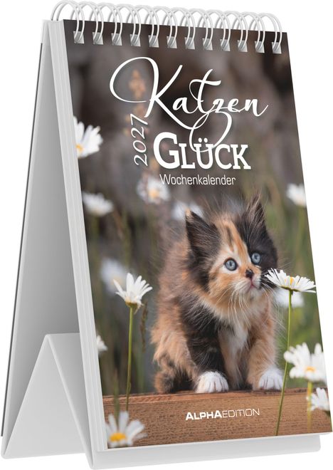 Text: "Katzen Glück 2024 Wochenkalender." Ein flauschiges Kätzchen sitzt zwischen weißen Gänseblümchen auf einem Tisch.