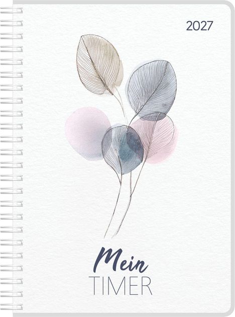 Text: "2027", "Mein TIMER". Aquarell-Illustration von zarten Blättern und Kreisen auf hellem Hintergrund.