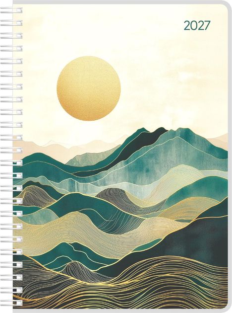 Text "2027". Illustration: Abstrakte grüne Berge mit goldenen Linien und großer goldener Sonne oben links.