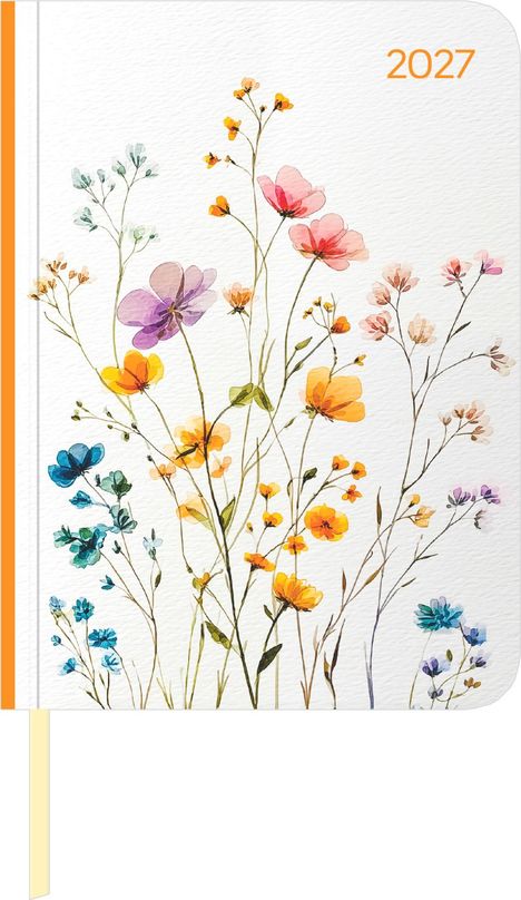 2027 in orange. Illustration von bunten, zarten Wildblumen auf weißem Hintergrund.