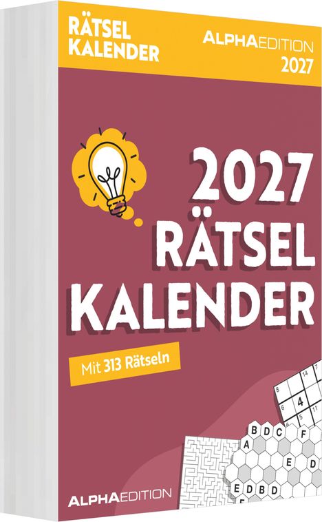 "Rätselkalender 2027, Mit 313 Rätseln, ALPHAEDITION." Eine Illustration mit Glühbirne, Details von Rätseln im Hintergrund.