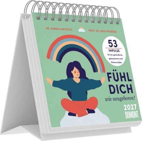 „53 Impulse für ein gesünderes, gelasseneres und fitteres Leben. Fühl dich wie neugeboren! 2027.“ Illustration: Frau und Regenbogen.
