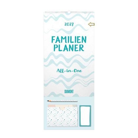 "2027, FAMILIEN PLANER, All-in-One, DUMONT" in türkisen Wellen. Unten: Bleistift, Tasche, Notizblock.