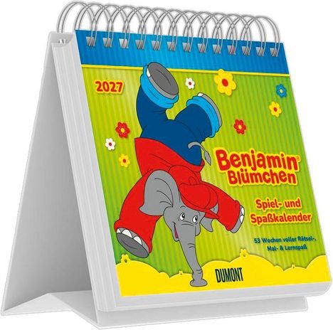 "2027 Benjamin Blümchen Spiel- und Spaßkalender, 53 Wochen voller Rätsel-, Mal- & Lernspaß, DUMONT." Illustration eines Elefanten.