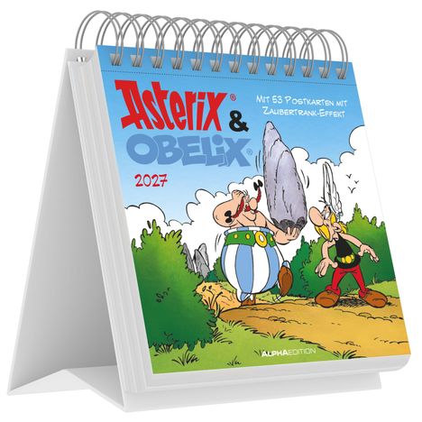 „Asterix & Obelix 2027“, „Mit 53 Postkarten mit Zaubertrank-Effekt“. Illustration von Asterix und Obelix auf einem Weg.