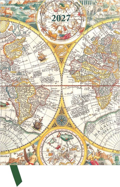 „2027“ in der Mitte eines dekorativen, historischen Globus-Designs mit stilisierten, alten Karten und Tierdarstellungen.