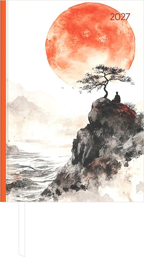 "2027" steht oben rechts. Ein Gemälde zeigt eine Person unter einem Baum auf einem Felsen vor rotem Himmel.