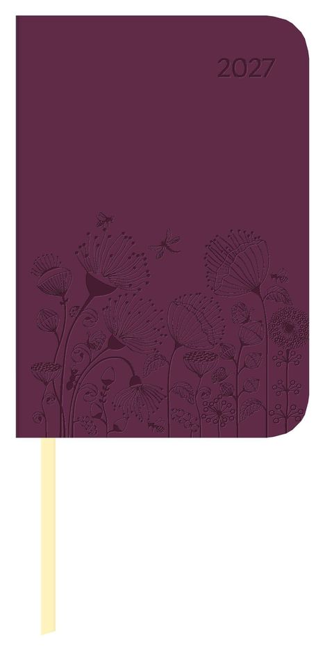 "2027" steht oben rechts auf einem lila Hintergrund mit floralen Mustern und einer Libelle.