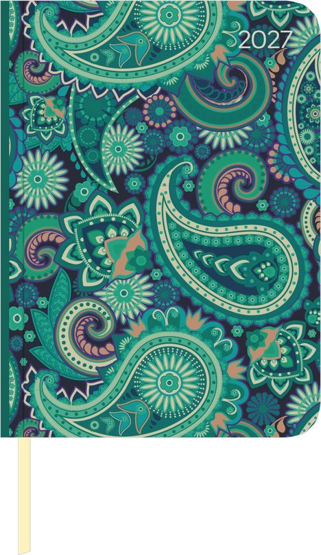 Oben rechts steht "2027". Buntes Paisley-Muster in Grün- und Blautönen mit floralen Elementen und geschwungenen Formen.