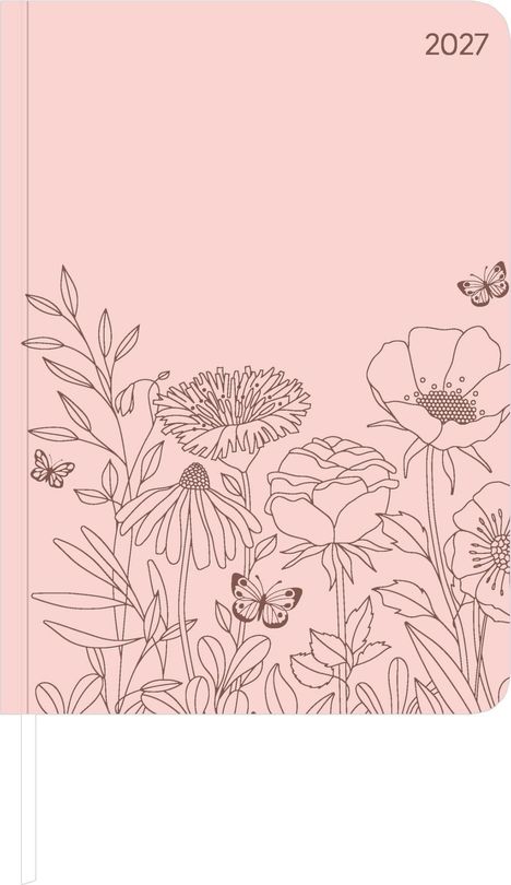 Text: "2027". 

Illustration eines rosa Hintergrunds mit Blumen und Schmetterlingen in feinen Linien.
