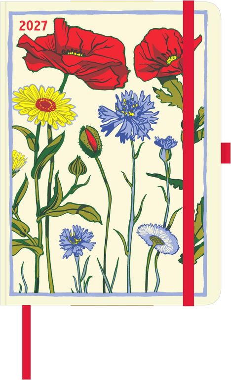 Text "2027". Illustration von Mohnblumen, Kornblumen und einer gelben Blume, umgeben von grünem Laub. Rote Akzente.
