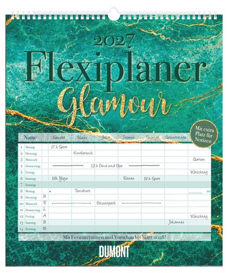 „2027 Flexiplaner Glamour. Mit extra Platz für Notizen. Mit Ferienterminen und Vorschau bis März 2028.“ Hintergrund grün mit goldenen Akzenten.