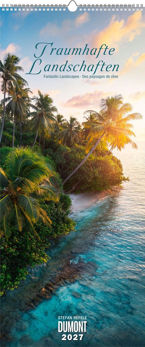Text: Traumhafte Landschaften, Fantastic Landscapes, Des paysages de rêve, Stefan Hefele, Dumont 2027.  
Szenerie: Tropische Küste bei Sonnenuntergang.