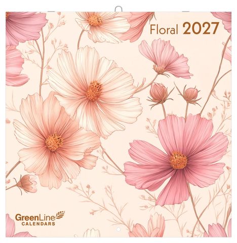 Texte: „Floral 2027“, „GreenLine Calendars“. Illustration von rosa Blumen auf hellem Hintergrund.