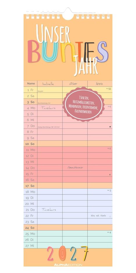 „UNSER BUNTES JAHR“, Kalender mit 3 Spalten. Monats- und Tagesübersicht, Notizmöglichkeiten. 2027 unten.