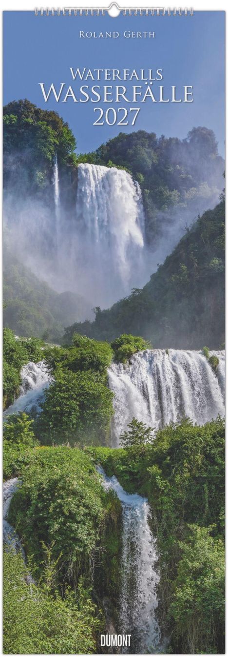 "Waterfalls Wasserfälle 2027" steht oben. Darunter fließt ein großer Wasserfall durch grüne Vegetation.