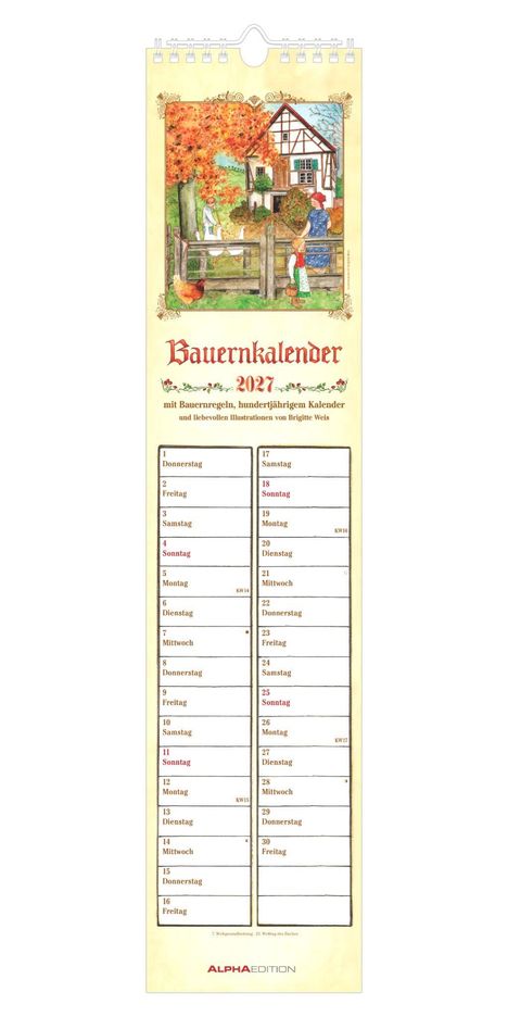 „Bauernkalender 2027“ steht oben. Darunter eine Illustration einer ländlichen Szene mit Menschen und Tieren.
