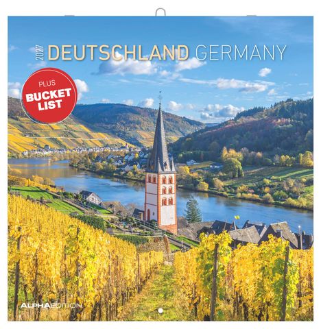 „2024 Deutschland Germany“, „Plus Bucket List“. Landschaft mit Fluss, Weinbergen und Kirchturm im Vordergrund.