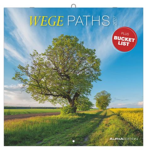 "Wege Paths 2027," "Plus Bucket List." Breiter Pfad mit Bäumen, gelbem Feld, blauem Himmel.