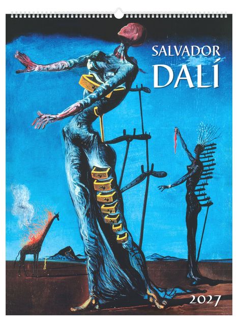 "Salvador Dalí 2027". Surrealistisches Gemälde mit verzerrten Figuren und einer brennenden Giraffe im Hintergrund.