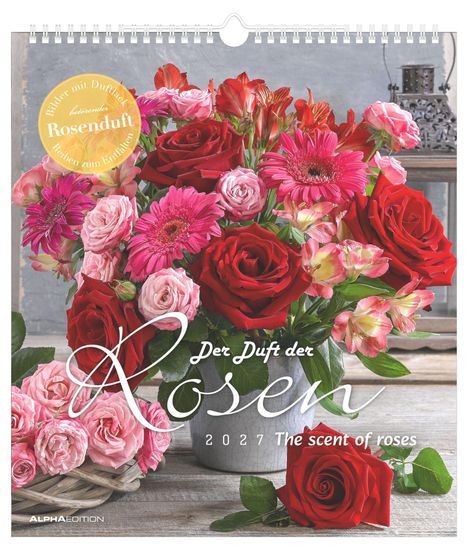 "Der Duft der Rosen 2027", großer Rosenstrauß in einer Vase mit roten und pinken Blumen. Elegantes und farbenfrohes Design.