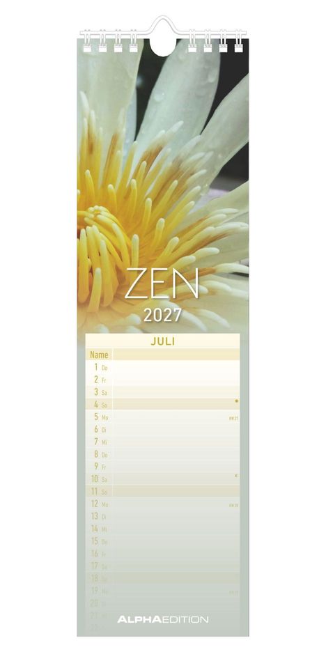 "ZEN 2027, JULI." Ein Kalenderblatt mit beige-weißer Lotusblüte darüber. Oben Spiralbindung, unten "ALPHA EDITION".