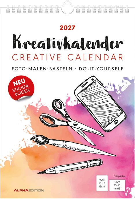 2027 Kreativkalender. Foto, Malen, Basteln, Do-it-yourself. Illustration von Schere, Handy, Pinsel auf buntem Hintergrund.