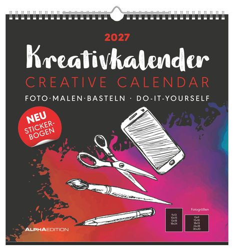 2027 Kreativkalender. Foto, Malen, Basteln, DIY. Illustration von Handy, Schere, Pinsel und Stift auf buntem Hintergrund.