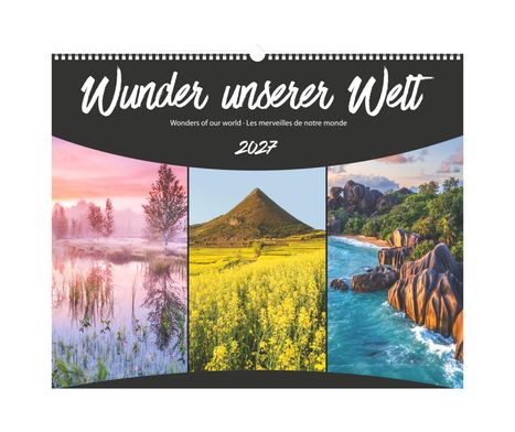 "Wunder unserer Welt 2027" steht oben. Drei Naturbilder: Ein nebliges Moor, ein gelbes Blütenfeld und eine felsige Küste.