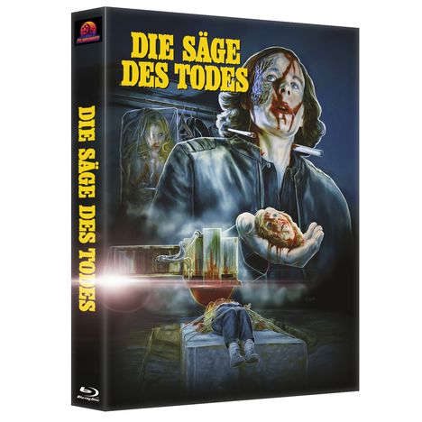 "Die Säge des Todes" in gelber Schrift. Illustration eines blutverschmierten Mannes mit abgetrennter Kopf in der Hand.