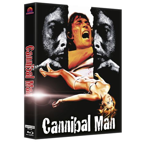 Der Text lautet "Cannibal Man." Eine Illustration zeigt ein schreiendes Gesicht und eine Frau in Unterwäsche.