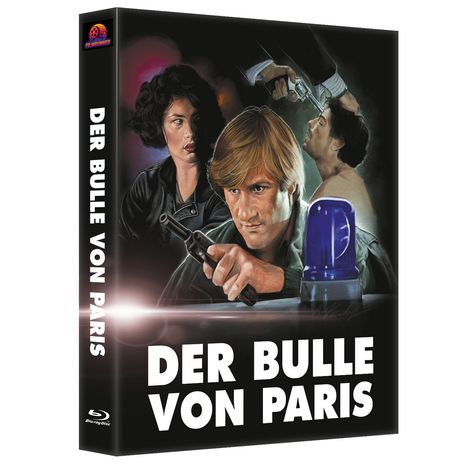 „DER BULLE VON PARIS“ steht groß. Illustration: Mann mit Waffe, Frau im Hintergrund, weitere Szene mit Bedrohung.