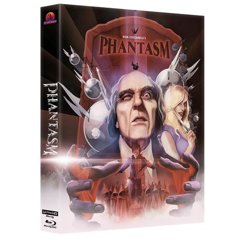„Don Coscarelli's PHANTASM“ steht oben mit düsterem Porträt und einer blonden Frau. Erscheinungsbild von Horrorfilm.