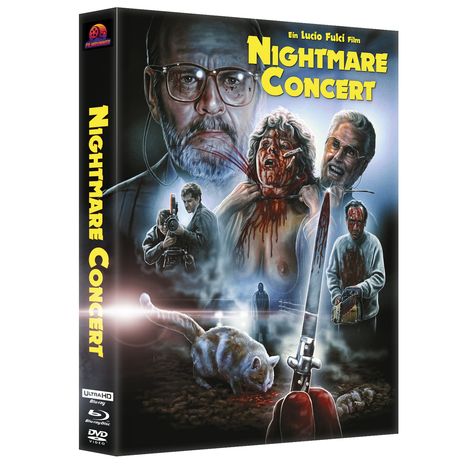 „Ein Lucio Fulci Film: Nightmare Concert“. Blutige, beängstigende Figuren sind zentral, mit düsterem, gruseligem Design.
