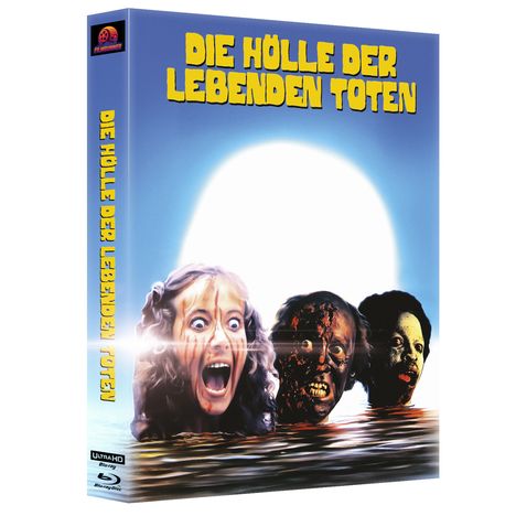 Text: "DIE HÖLLE DER LEBENDEN TOTEN". Illustration von drei schreienden Köpfen, die aus Wasser ragen vor einem leuchtenden Hintergrund.