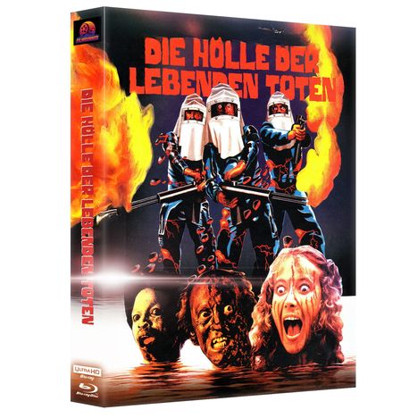 "DIE HÖLLE DER LEBENDEN TOTEN" in roter Schrift. Drei bewaffnete Figuren in weißen Masken, darunter drei schreiende Köpfe.