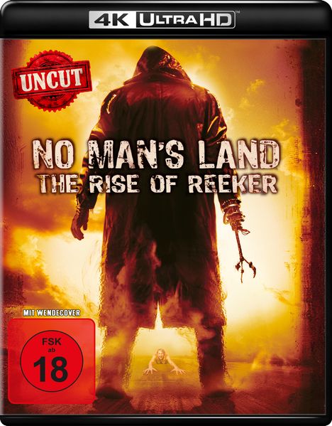 "Uncut", "No Man's Land: The Rise of Reeker". FSK ab 18. Düsterer Hintergrund, Person in einem Mantel, bedrohliche Stimmung.