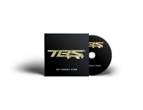 Texte: "DAS SCHWARZE ALBUM", "TES." Design: Schwarzes CD-Cover und CD.