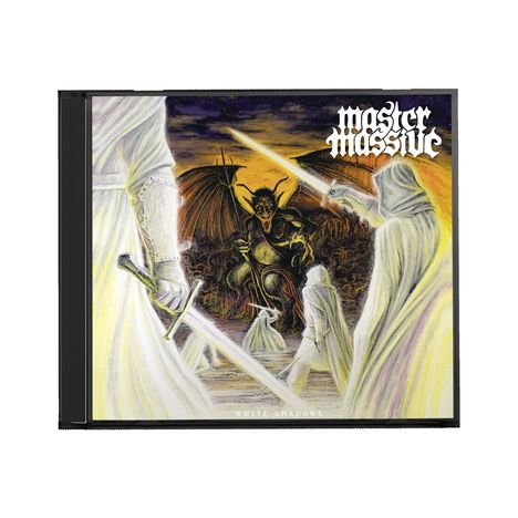 "Master Massive" und "White Shadows". Illustration: Krieger in weißen Roben mit Schwertern, die einen Dämon umzingeln.