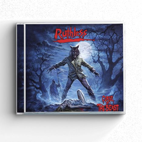 "Ruthless" oben, "Curse of the Beast" unten. Illustration: Wolfsmensch, Vollmond, leblose Person, düsterer Wald.