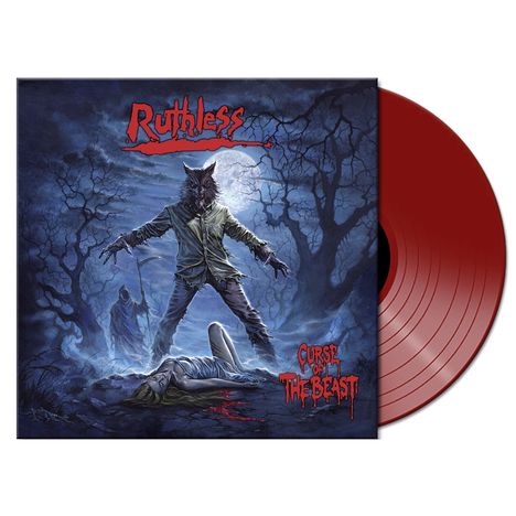 Text: "Ruthless" und "Curse of the Beast." Eine Illustration zeigt ein Werwolfwesen im Wald und eine Person am Boden.