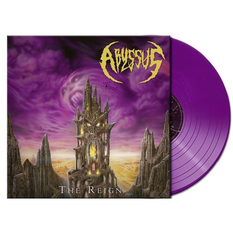 Text: "Abyssus", "The Reign". Illustration: Turm vor violettem Himmel mit wirbelnden Wolken, violette Vinyl-Schallplatte.