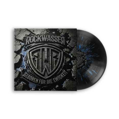"ROCKWASSER" und "GEBOREN FÜR DIE EWIGKEIT" auf einem Schlammuntergrund. Ein schwarzes Vinyl mit blauen Sprenkeln.